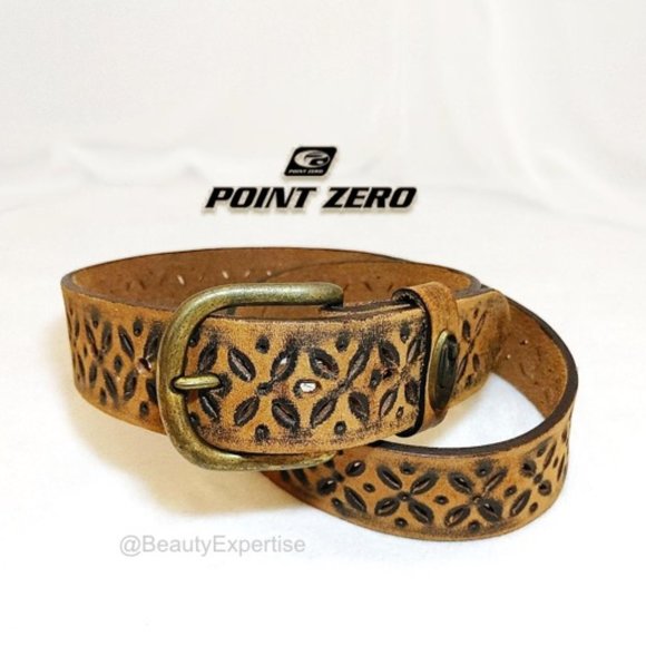 POINT ZERO Unisex Belt Brown Genuine Leather Hollow Geometric Motifs Boho Vtg. - Picture 1 of 11